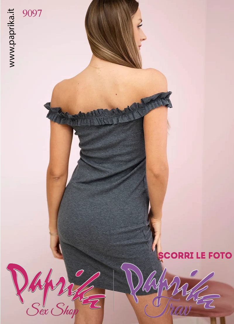 Abito Sexy Corto Grigio Leggero Aderente Spalline Arricciate Senza Maniche