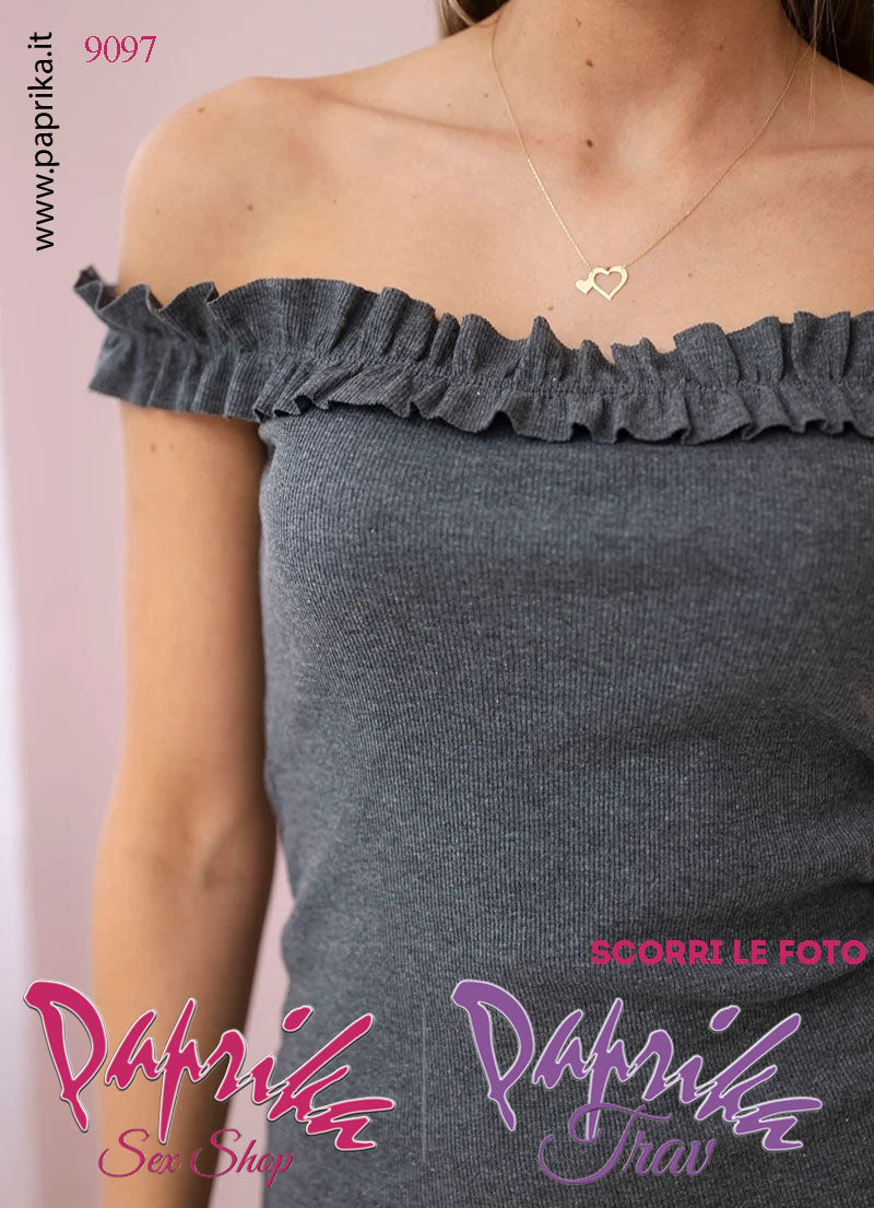 Abito Sexy Corto Grigio Leggero Aderente Spalline Arricciate Senza Maniche