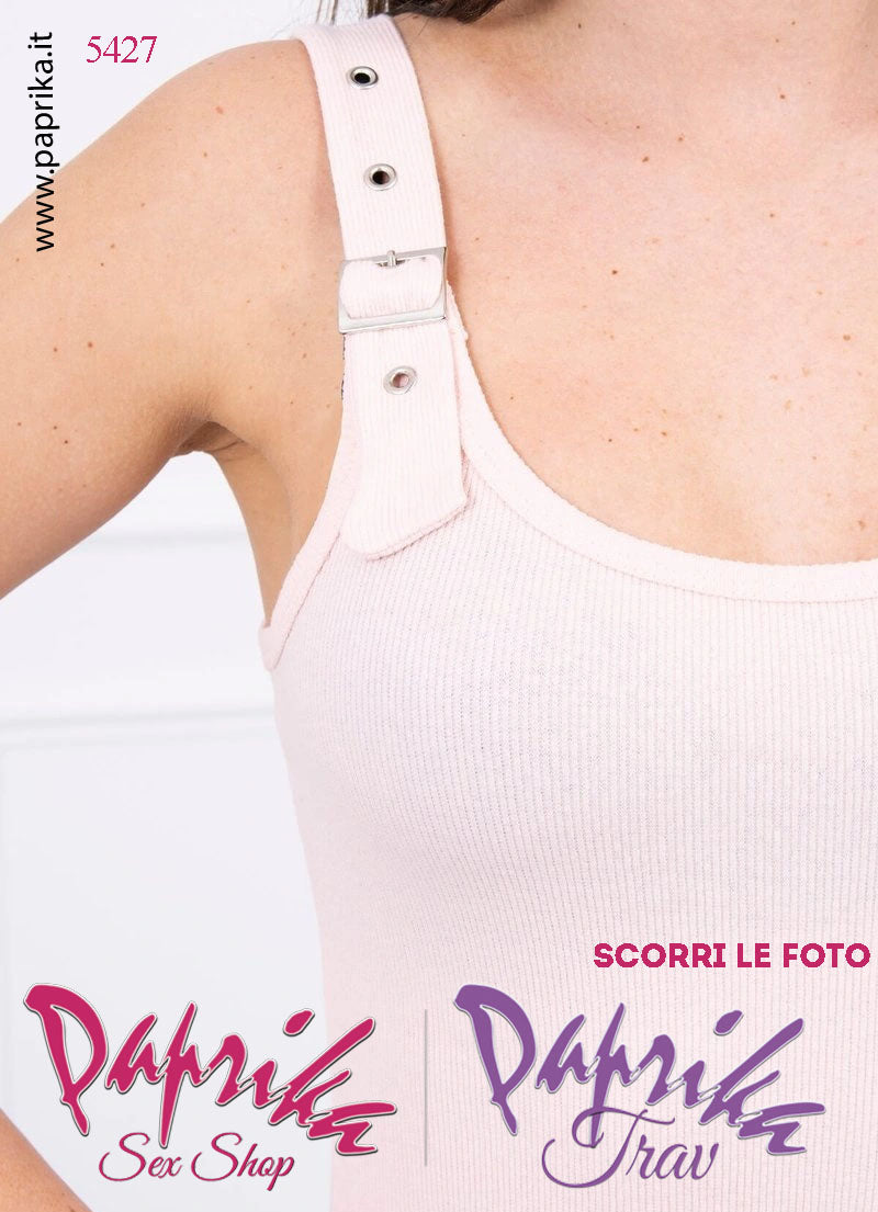 Abito Sexy Corto Rosa Leggero Aderente Spalline Larghe Fibbie Occhielli Metallo