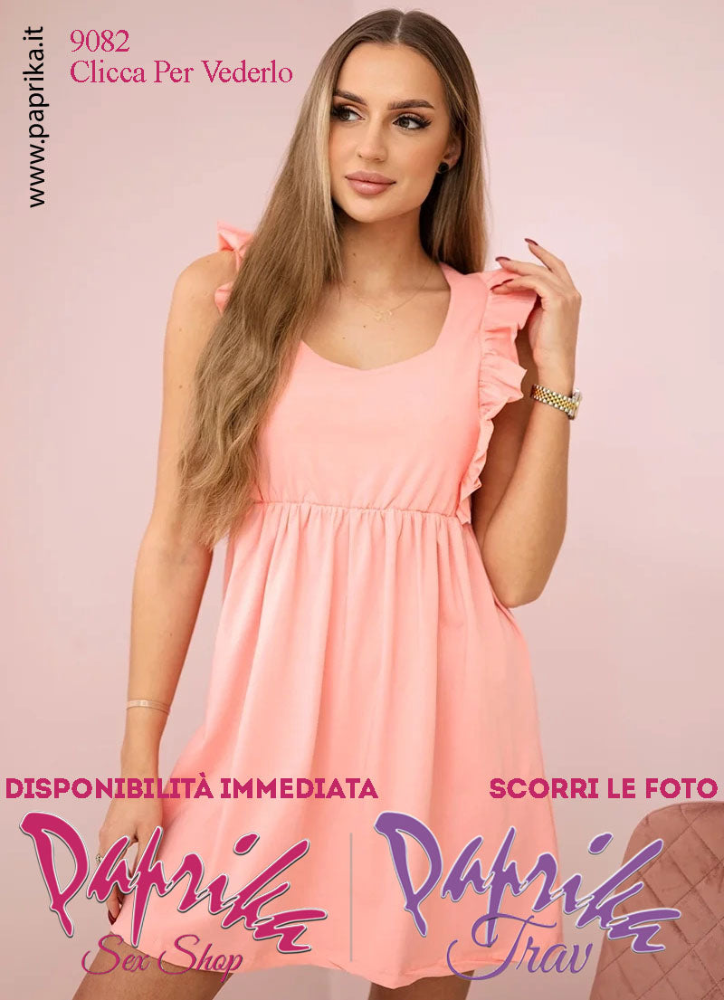 Abito Sexy Corto Salmone Leggero Svasato Spalline Arricciate Elastico Sottoseno