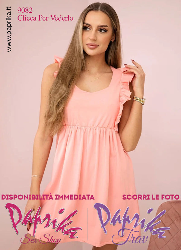 Abito Sexy Corto Salmone Leggero Svasato Spalline Arricciate Elastico Sottoseno