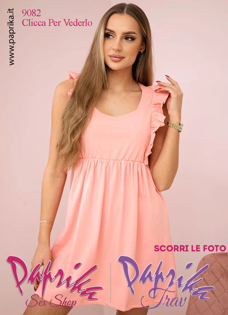 Abito Sexy Corto Salmone Leggero Svasato Spalline Arricciate Elastico Sottoseno