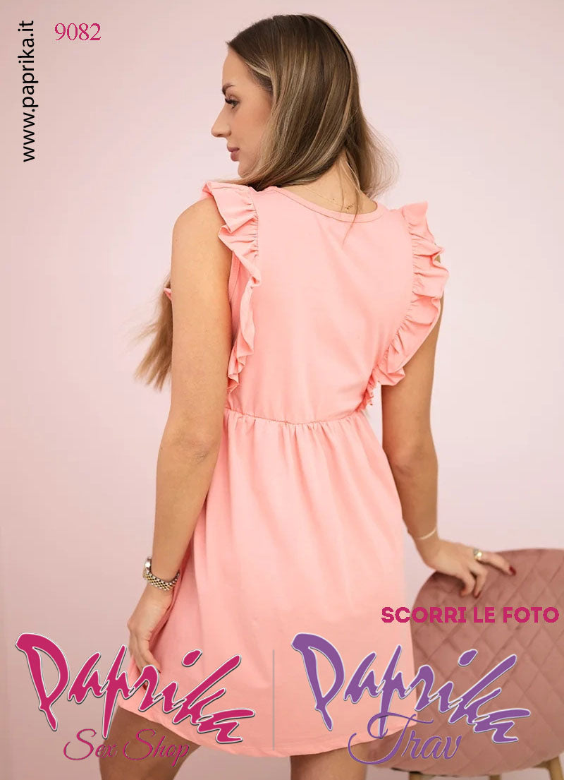 Abito Sexy Corto Salmone Leggero Svasato Spalline Arricciate Elastico Sottoseno