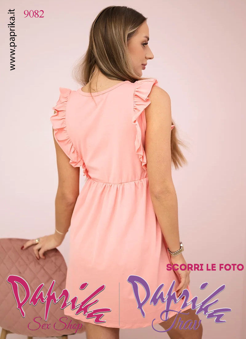 Abito Sexy Corto Salmone Leggero Svasato Spalline Arricciate Elastico Sottoseno