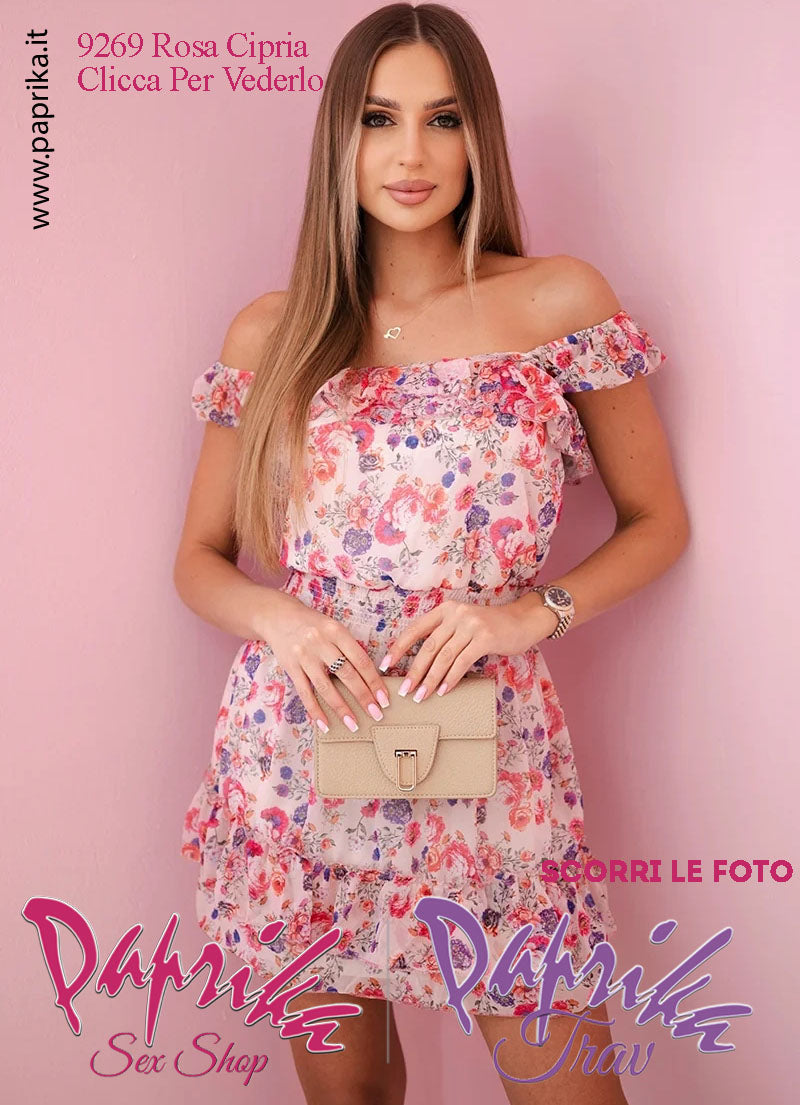 Abito Sexy Corto Rosa Cipria Leggero Svasato Spalline Arricciate Elastico Centrale