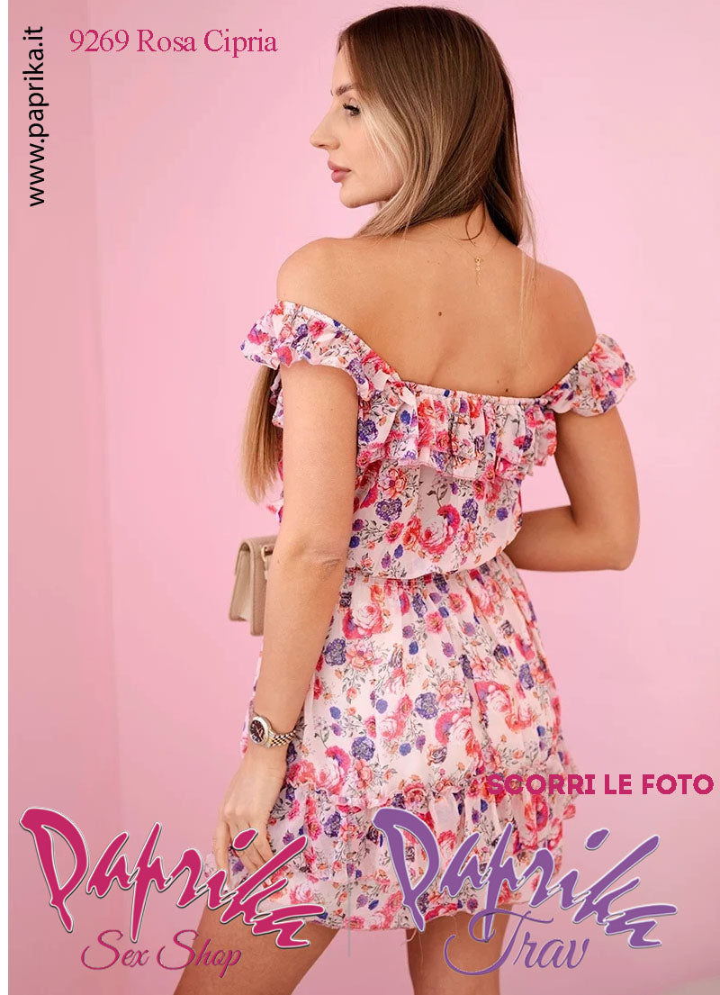 Abito Sexy Corto Rosa Cipria Leggero Svasato Spalline Arricciate Elastico Centrale