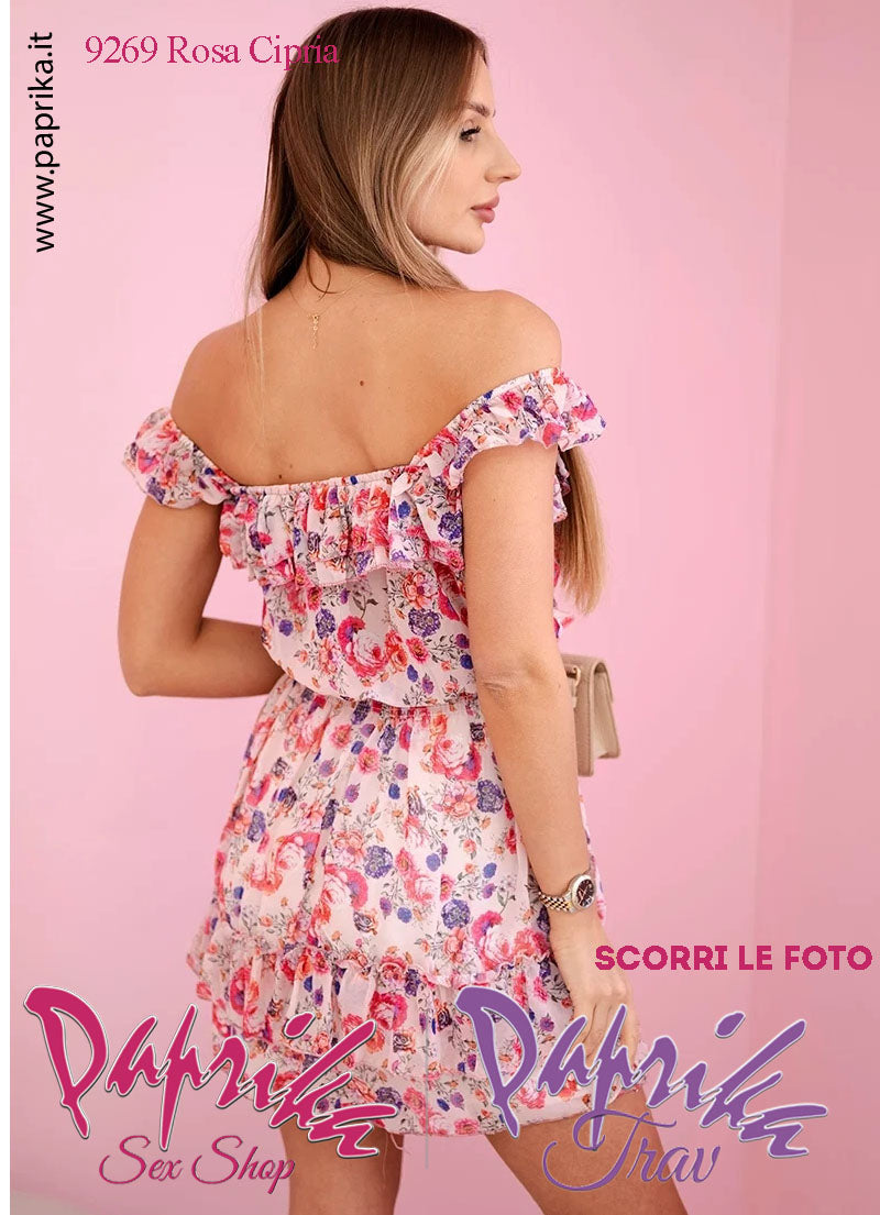 Abito Sexy Corto Rosa Cipria Leggero Svasato Spalline Arricciate Elastico Centrale