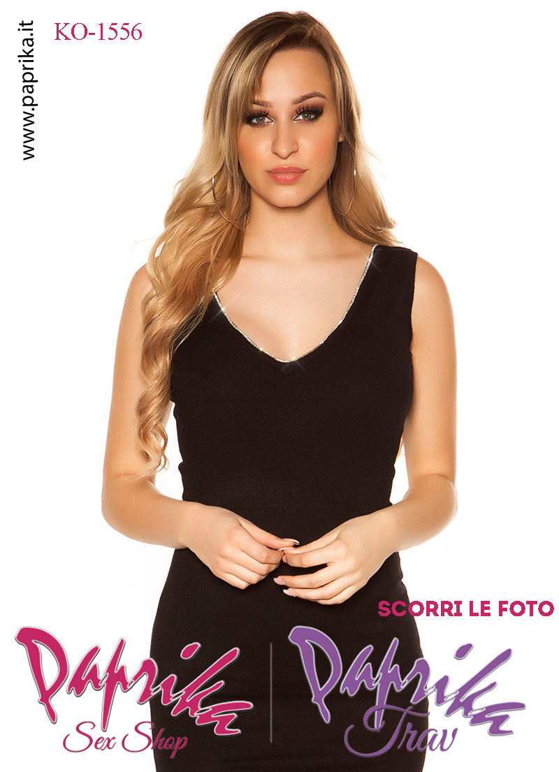 Abito Sexy Longuette Nero Leggero Aderente Contorno Scollatura Dorato