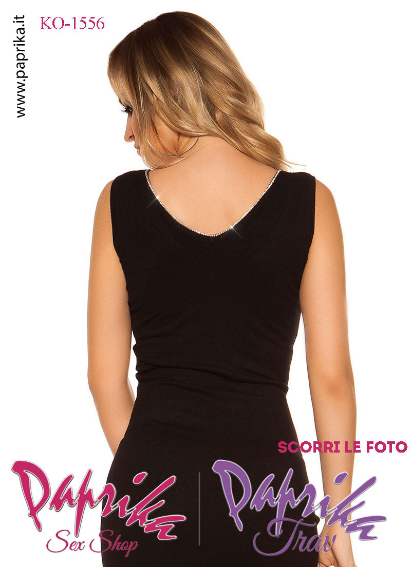 Abito Sexy Longuette Nero Leggero Aderente Contorno Scollatura Dorato