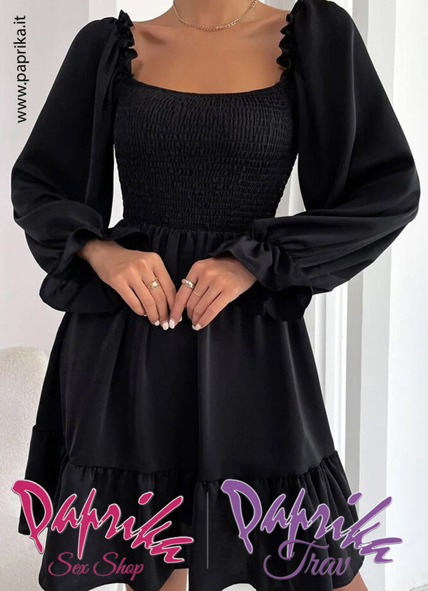 Abito Vestito Maniche Lunghe Svasato Balze Inferiori Ampia Scollatura