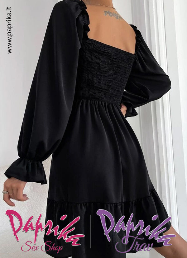 Abito Vestito Maniche Lunghe Svasato Balze Inferiori Ampia Scollatura