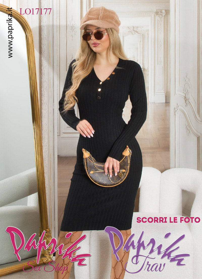 Abito Vestitino Maniche Lunghe Ampia Scollatura 5 Bottoni Oro