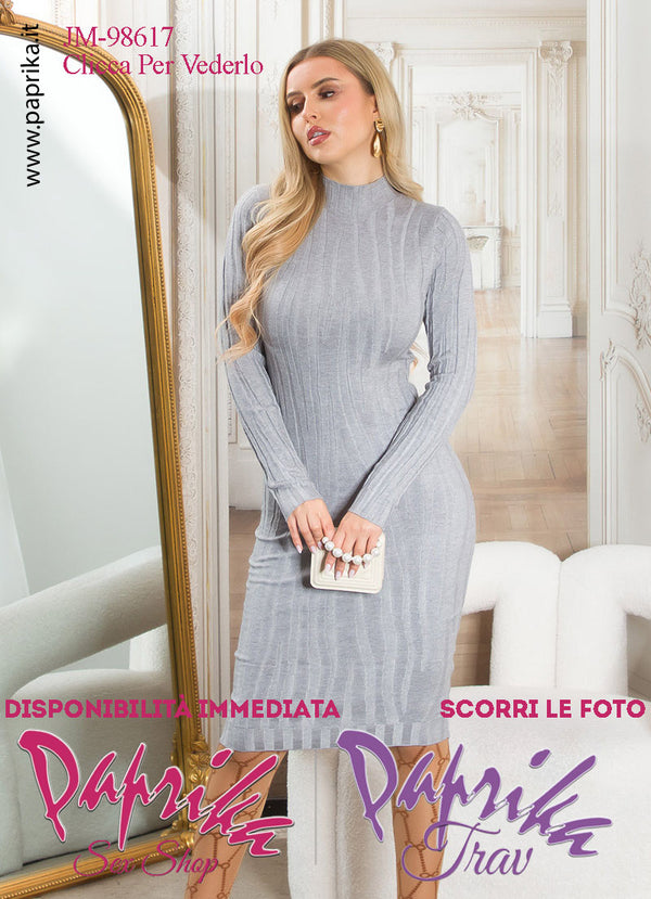 Abito Longuette Grigio Tessuto Elasticizzato Maniche Lunghe Colletto Basso