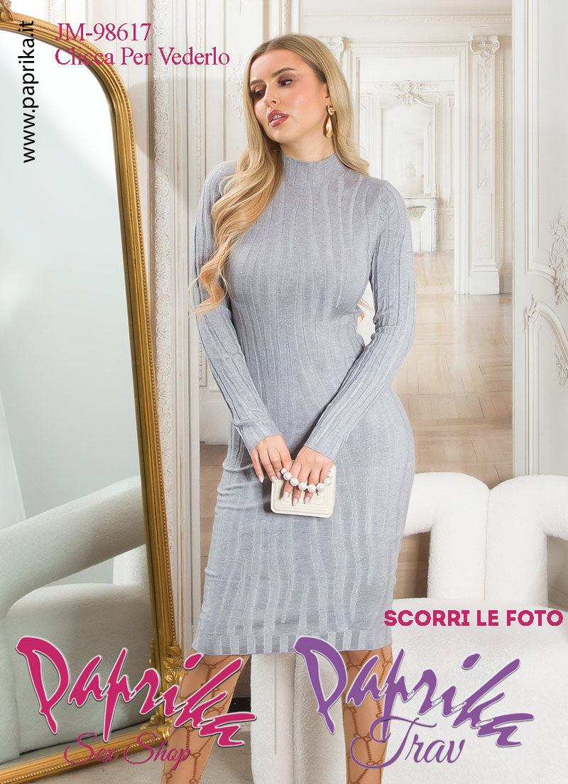 Abito Longuette Grigio Tessuto Elasticizzato Maniche Lunghe Colletto Basso