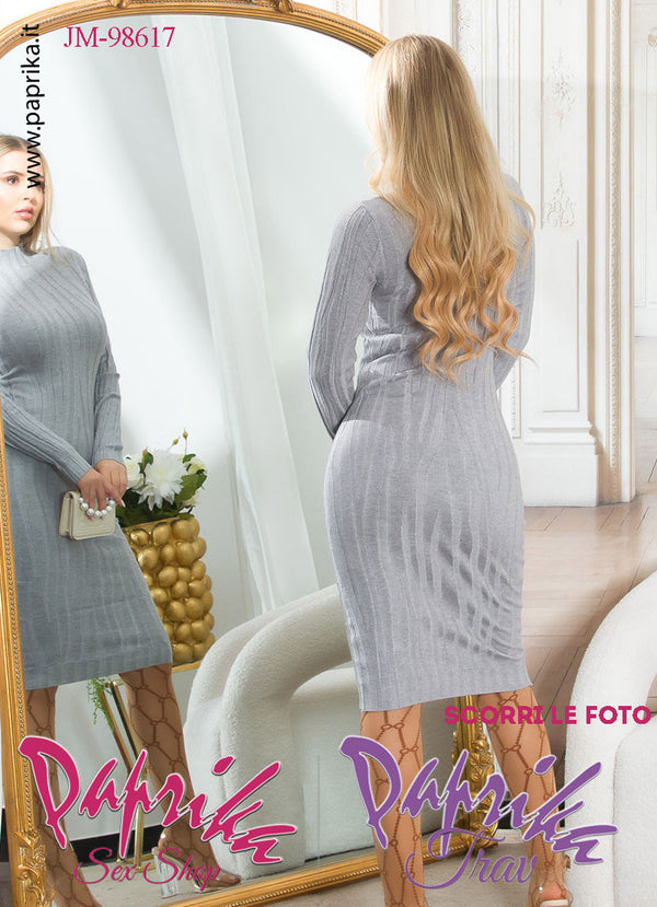 Abito Longuette Grigio Tessuto Elasticizzato Maniche Lunghe Colletto Basso