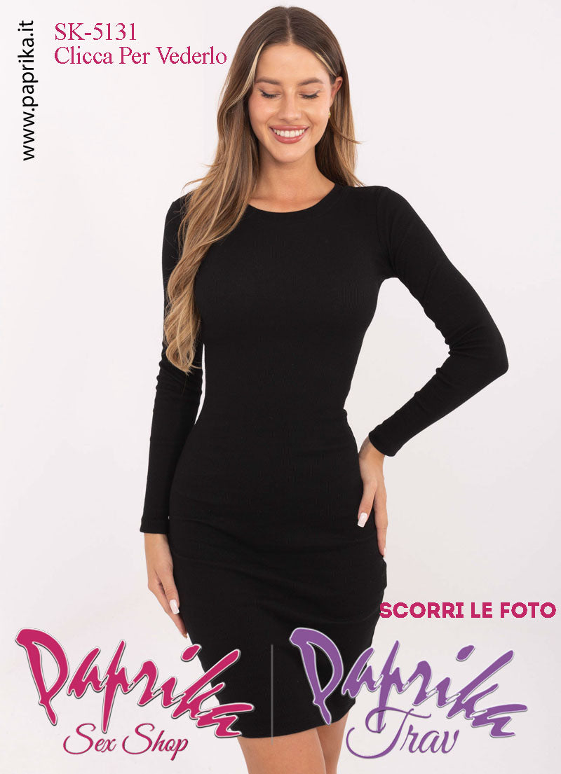 Abito Vestitino Sexy Corto Nero Maniche Lunghe Scollatura Rotonda