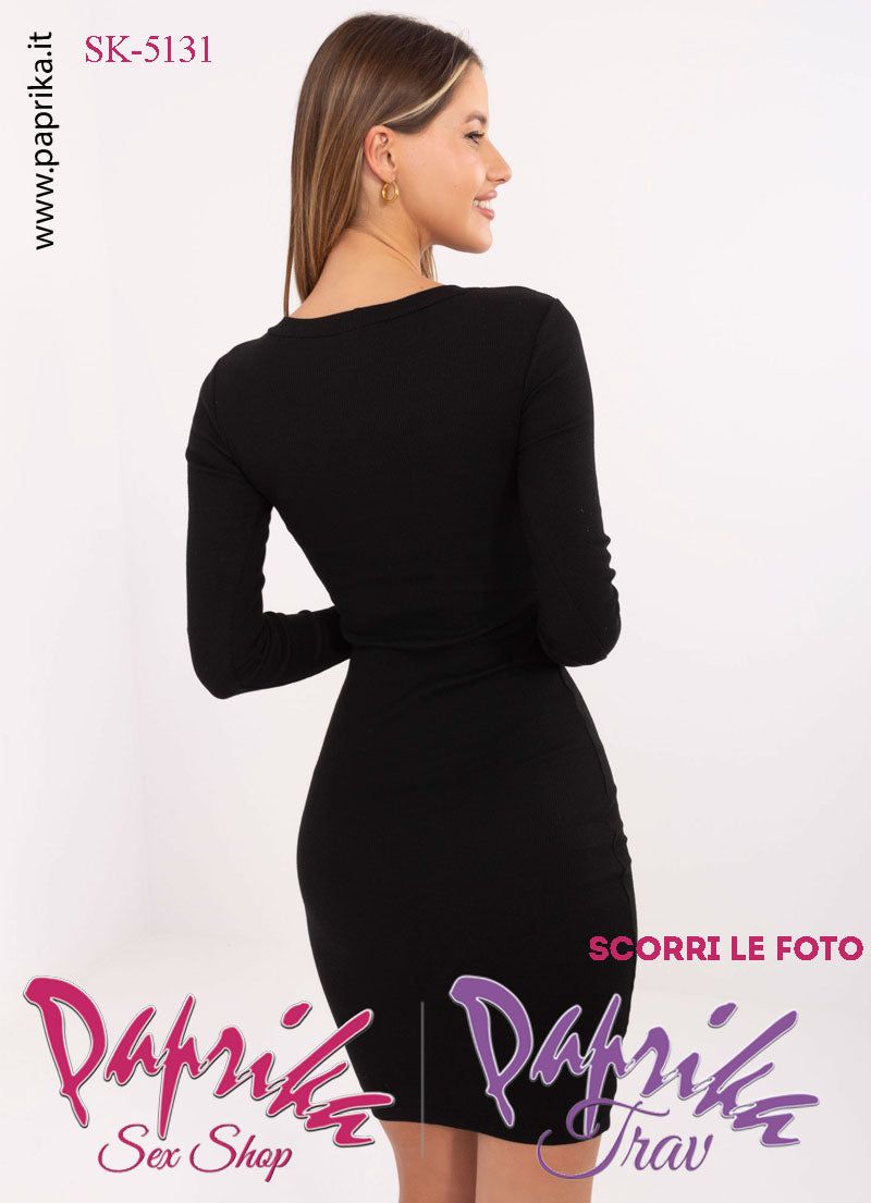 Abito Vestitino Sexy Corto Nero Maniche Lunghe Scollatura Rotonda