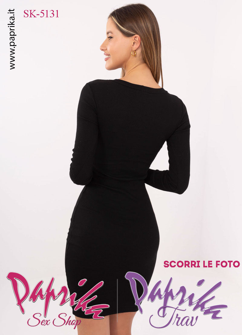 Abito Vestitino Sexy Corto Nero Maniche Lunghe Scollatura Rotonda
