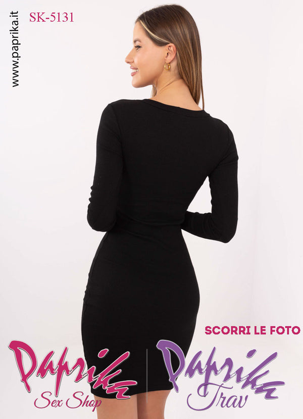 Abito Vestitino Sexy Corto Nero Maniche Lunghe Scollatura Rotonda