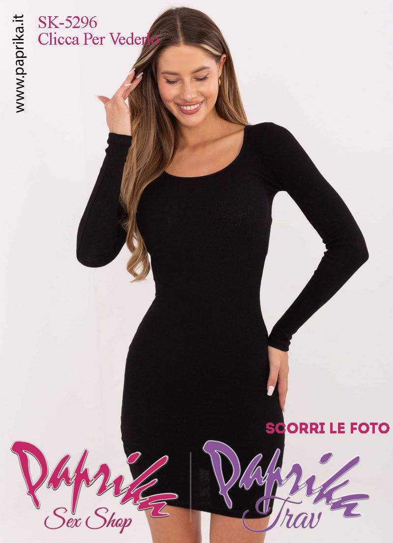 Abito Vestitino Sexy Corto Nero Maniche Lunghe Scollatura Rotonda Grande