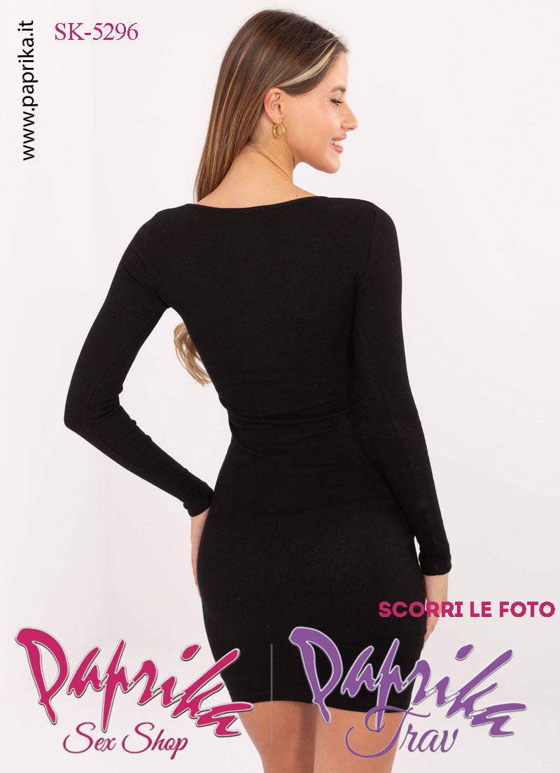 Abito Vestitino Sexy Corto Nero Maniche Lunghe Scollatura Rotonda Grande