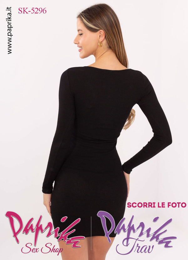 Abito Vestitino Sexy Corto Nero Maniche Lunghe Scollatura Rotonda Grande