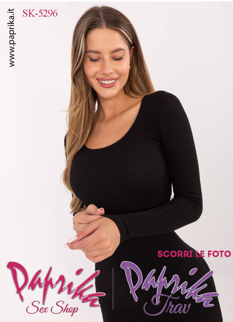 Abito Vestitino Sexy Corto Nero Maniche Lunghe Scollatura Rotonda Grande