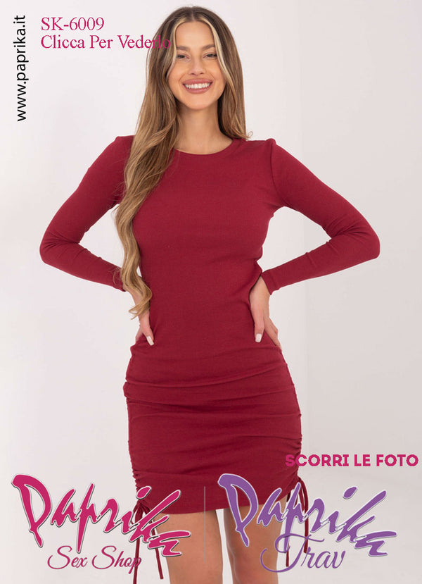 Abito Vestitino Corto Bordeaux Sexy Maniche Lunghe Accorciabile