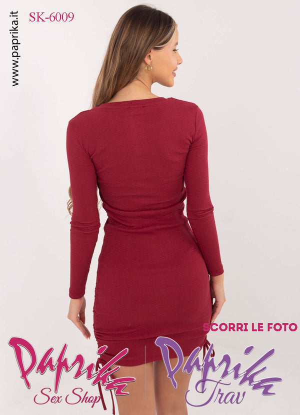 Abito Vestitino Corto Bordeaux Sexy Maniche Lunghe Accorciabile