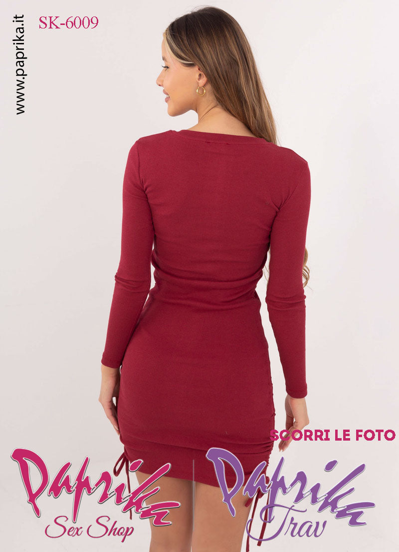 Abito Vestitino Corto Bordeaux Sexy Maniche Lunghe Accorciabile
