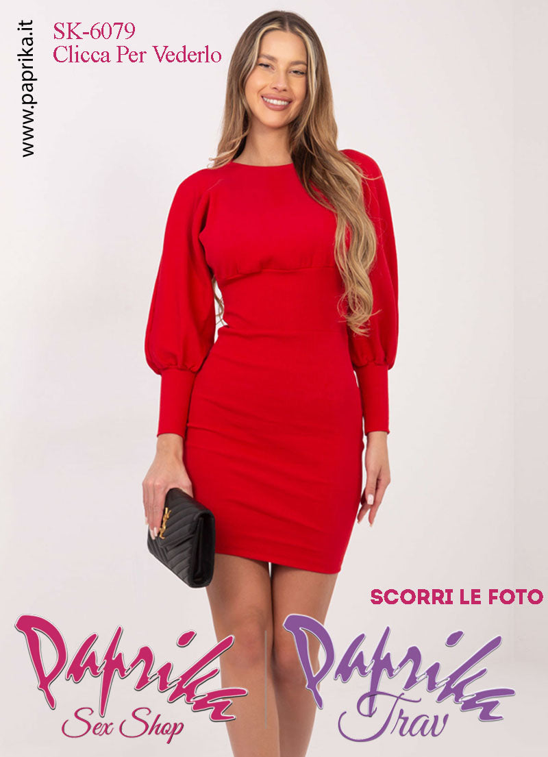 Abito Vestitino Corto Rosso Sexy Maniche Lunghe Larghe Polsini Lunghi