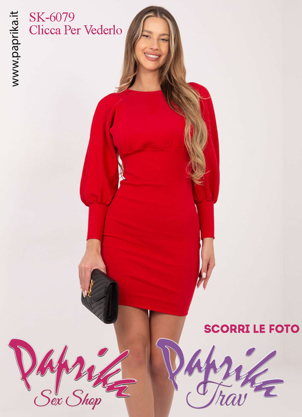 Abito Vestitino Corto Rosso Sexy Maniche Lunghe Larghe Polsini Lunghi