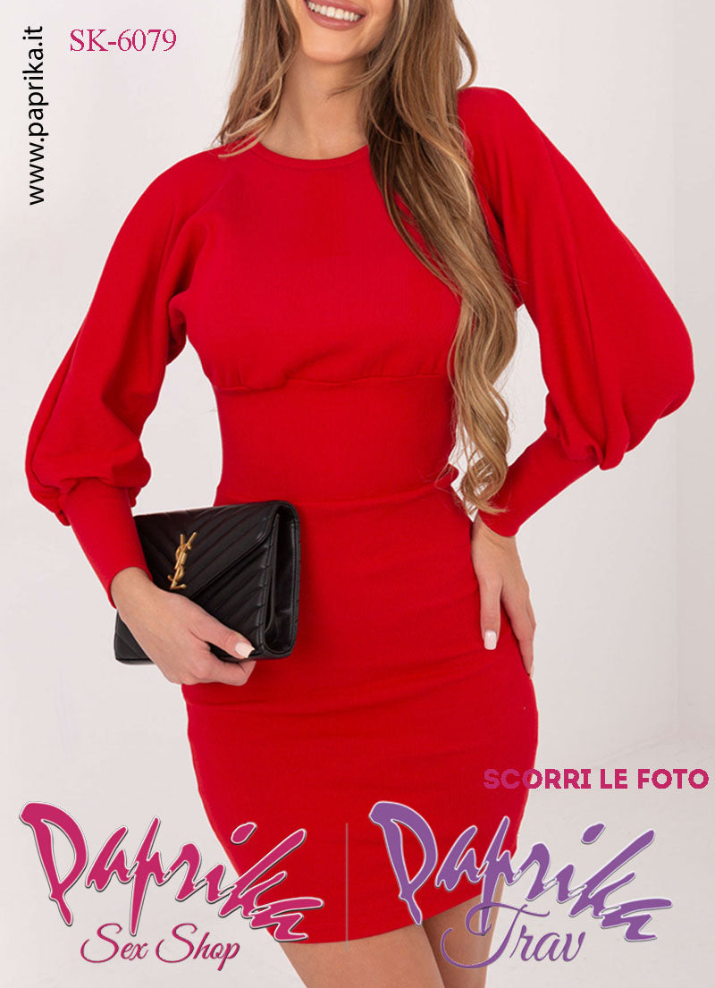 Abito Vestitino Corto Rosso Sexy Maniche Lunghe Larghe Polsini Lunghi