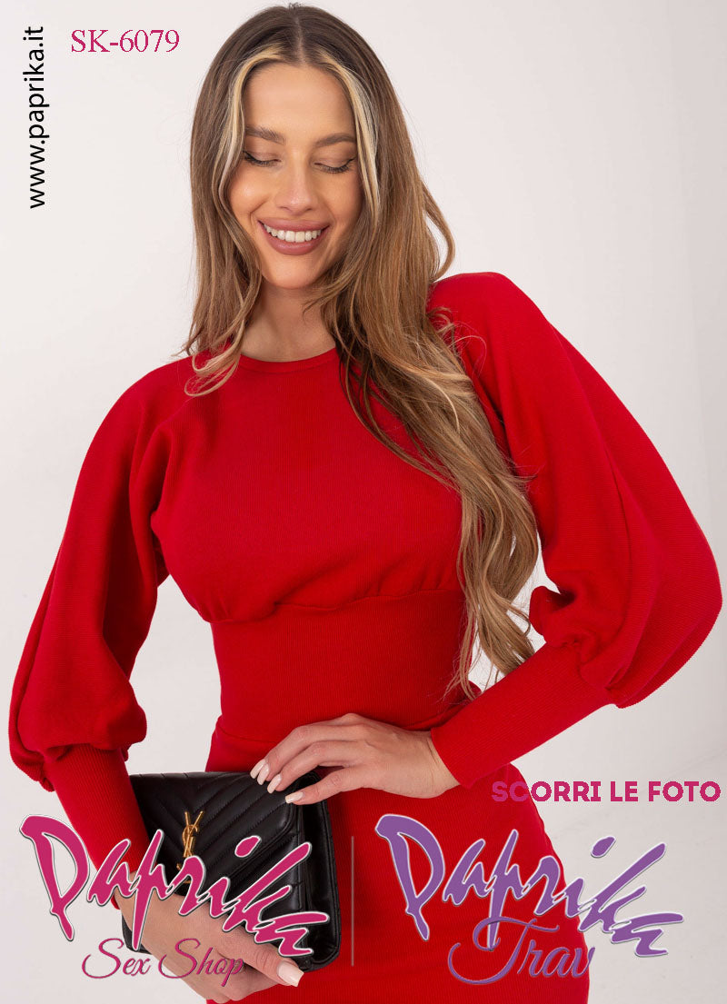 Abito Vestitino Corto Rosso Sexy Maniche Lunghe Larghe Polsini Lunghi