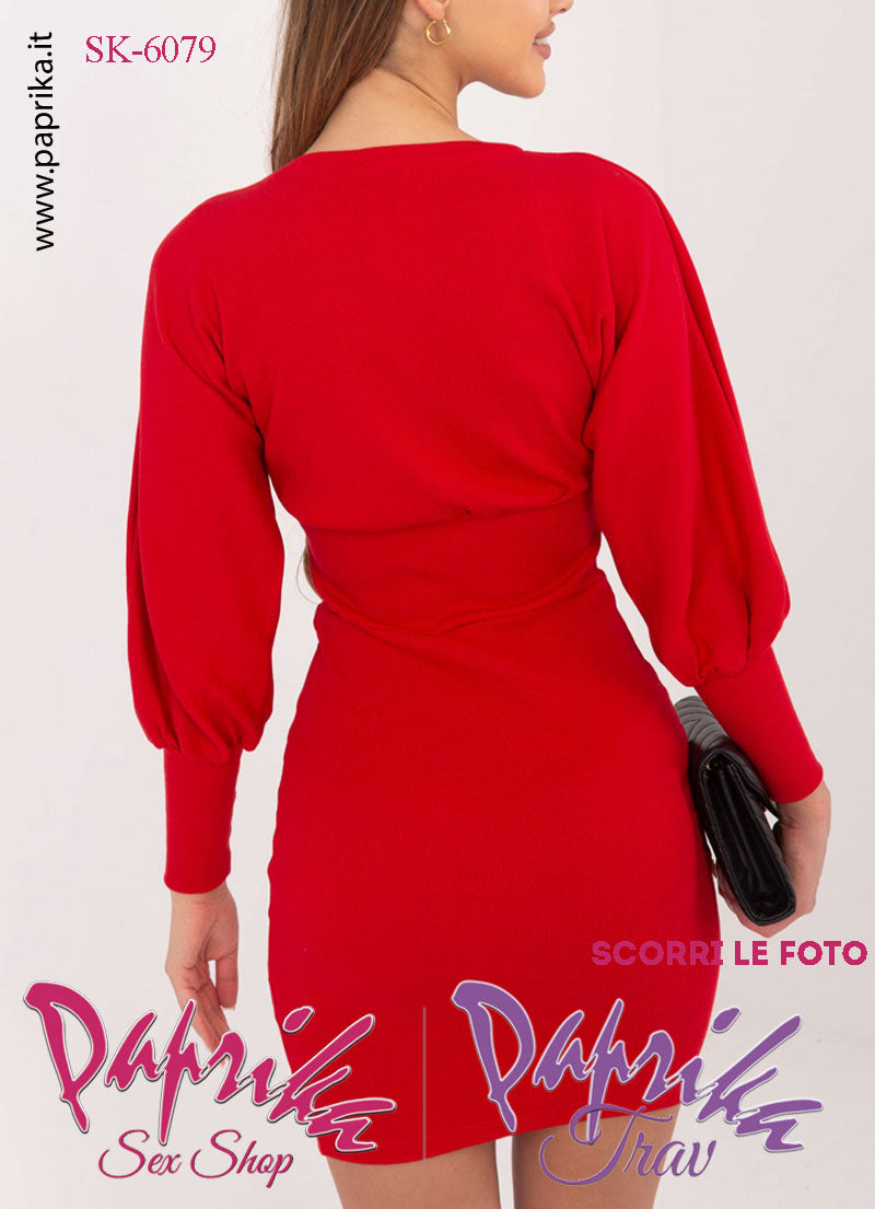 Abito Vestitino Corto Rosso Sexy Maniche Lunghe Larghe Polsini Lunghi