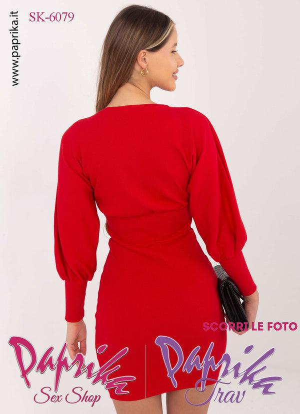 Abito Vestitino Corto Rosso Sexy Maniche Lunghe Larghe Polsini Lunghi