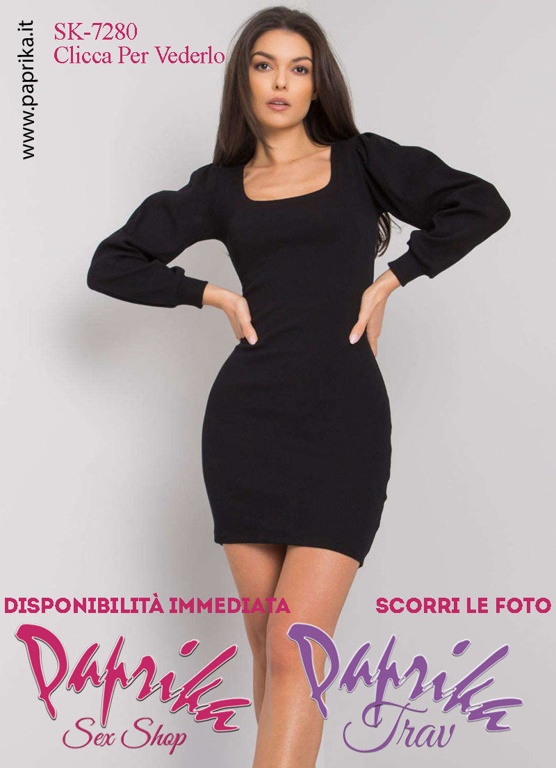 Abito Vestitino Sexy Corto Nero Maniche Lunghe Scollatura Quadrata