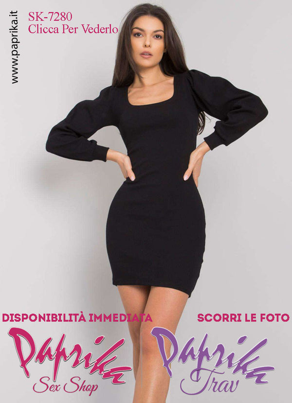 Abito Vestitino Sexy Corto Nero Maniche Lunghe Scollatura Quadrata