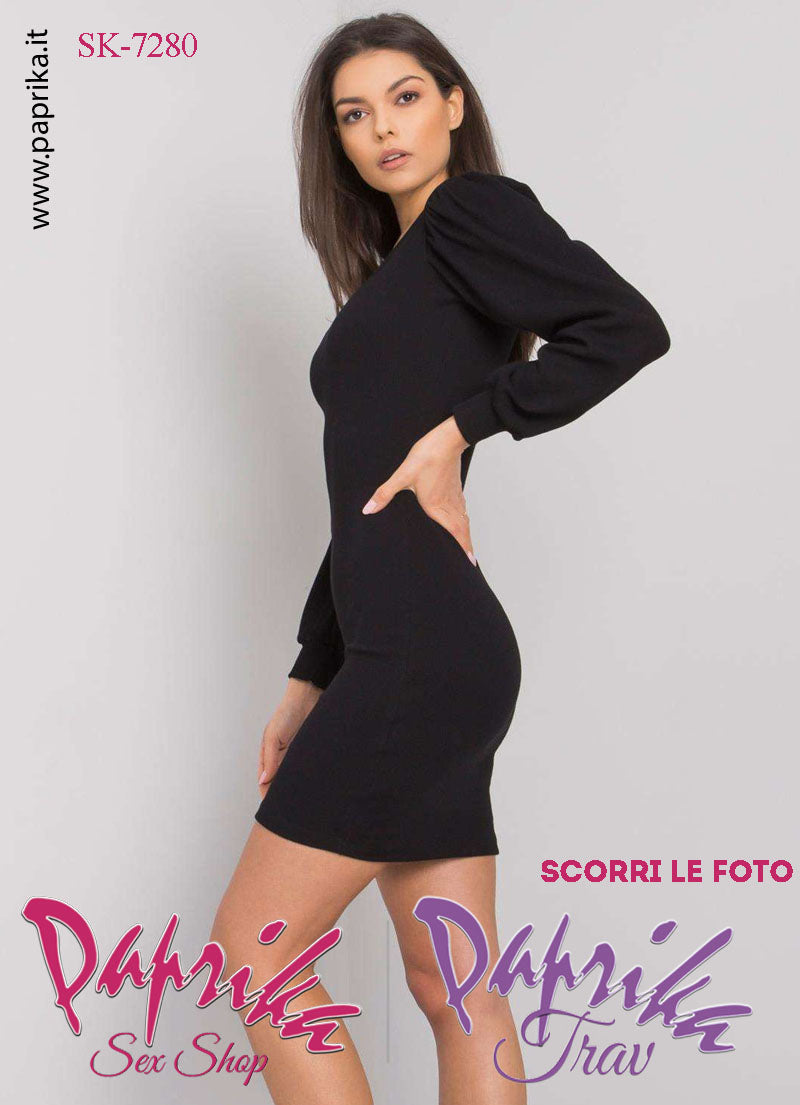 Abito Vestitino Sexy Corto Nero Maniche Lunghe Scollatura Quadrata