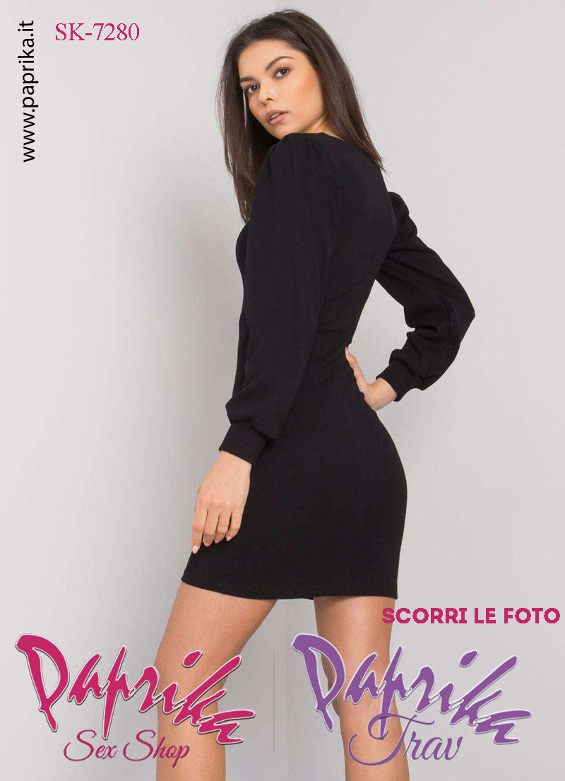 Abito Vestitino Sexy Corto Nero Maniche Lunghe Scollatura Quadrata