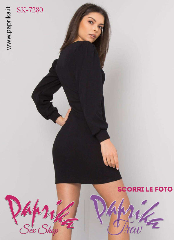 Abito Vestitino Sexy Corto Nero Maniche Lunghe Scollatura Quadrata