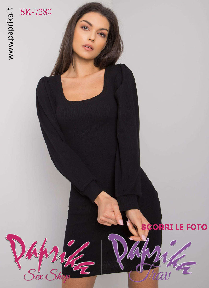 Abito Vestitino Sexy Corto Nero Maniche Lunghe Scollatura Quadrata