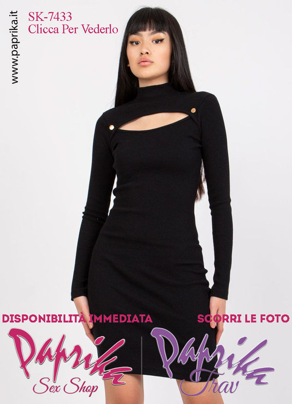 Abito Vestitino Sexy Corto Nero Maniche Lunghe Apertura Ovale Bottoni Oro