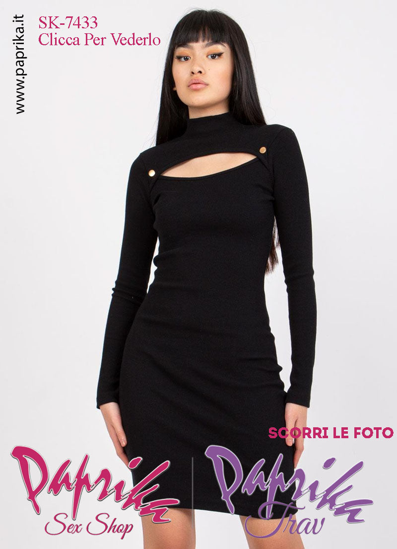 Abito Vestitino Sexy Corto Nero Maniche Lunghe Apertura Ovale Bottoni Oro