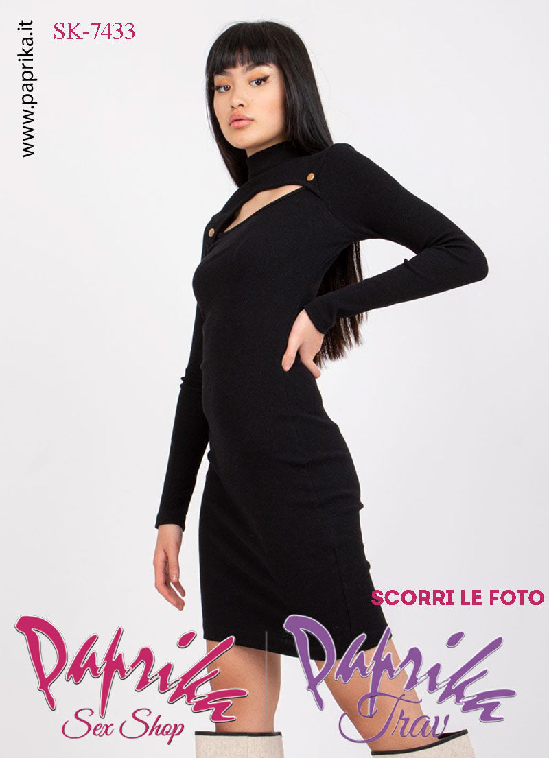 Abito Vestitino Sexy Corto Nero Maniche Lunghe Apertura Ovale Bottoni Oro