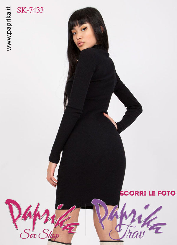 Abito Vestitino Sexy Corto Nero Maniche Lunghe Apertura Ovale Bottoni Oro