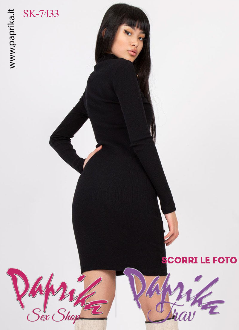 Abito Vestitino Sexy Corto Nero Maniche Lunghe Apertura Ovale Bottoni Oro