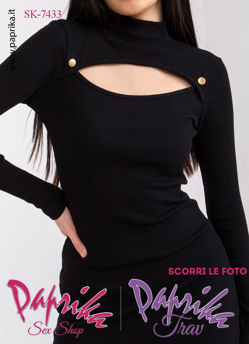 Abito Vestitino Sexy Corto Nero Maniche Lunghe Apertura Ovale Bottoni Oro