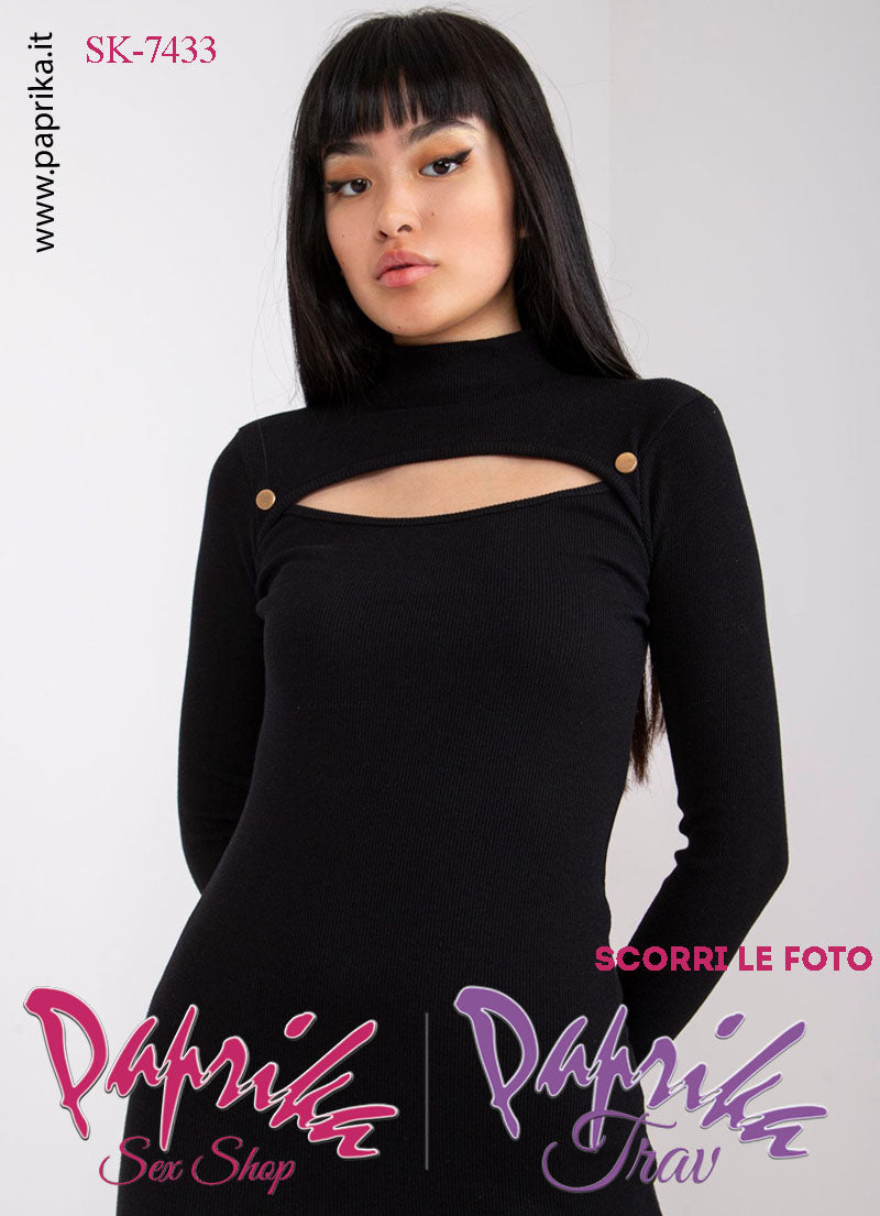 Abito Vestitino Sexy Corto Nero Maniche Lunghe Apertura Ovale Bottoni Oro