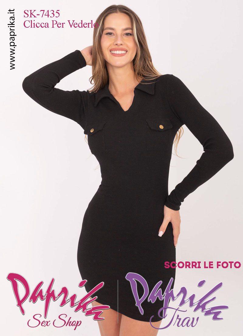 Abito Vestitino Sexy Corto Nero Maniche Lunghe Scollatura Tasche Bottoni Oro